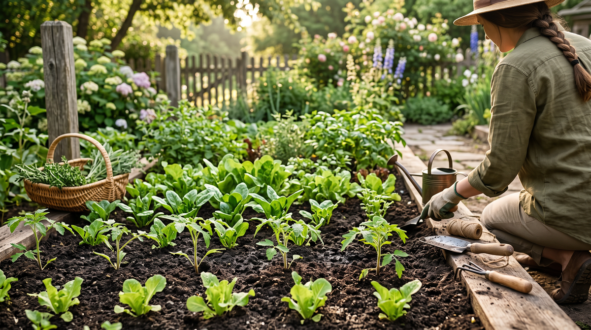 A woman wearing a wide-brimmed hat and gardening clothes kneels beside a raised garden bed, using a hand tool in a lush, sunlit garden with rows of leafy greens, a basket of herbs, and gardening tools.