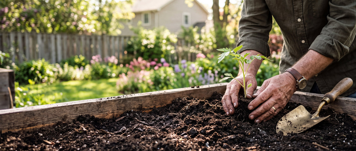 A person planting a small green sapling in a wooden raised garden bed filled with dark soil, with a garden, fence, and house blurred in the background. A small hand trowel rests in the soil.